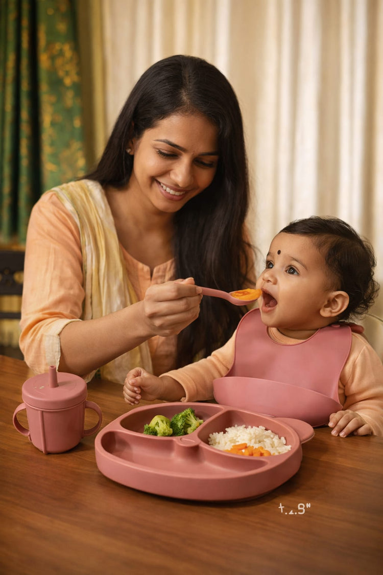 Dhootha™ 6-in-1 Silicone Baby Feeding Set with Suction Plate, Bowl, Cup, Bib, Spoon & Fork | BPA-Free Self Feeding Essentials for Babies 6–12 Months | Dark Pink