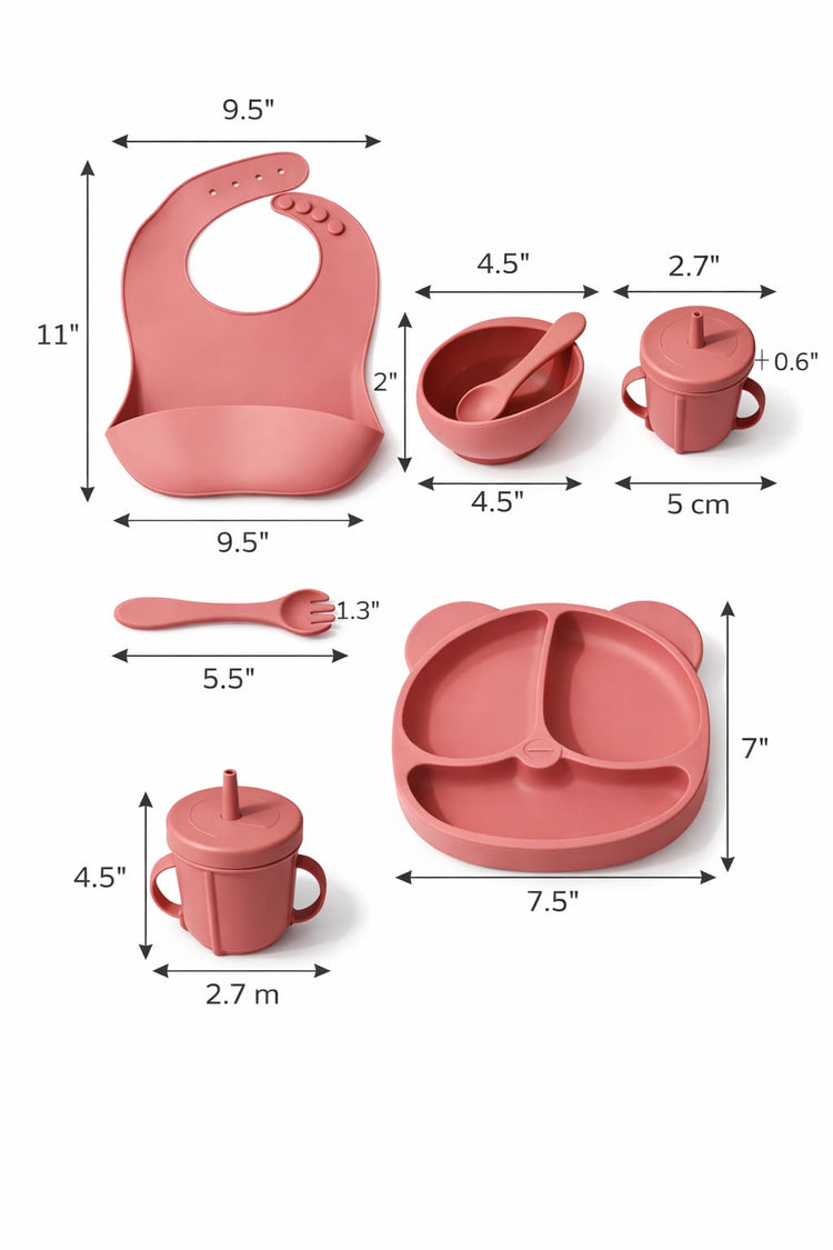 Dhootha™ 6-in-1 Silicone Baby Feeding Set with Suction Plate, Bowl, Cup, Bib, Spoon & Fork | BPA-Free Self Feeding Essentials for Babies 6–12 Months | Dark Pink