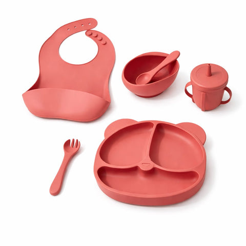 Dhootha™ 6-in-1 Silicone Baby Feeding Set with Suction Plate, Bowl, Cup, Bib, Spoon & Fork | BPA-Free Self Feeding Essentials for Babies 6–12 Months | Dark Pink