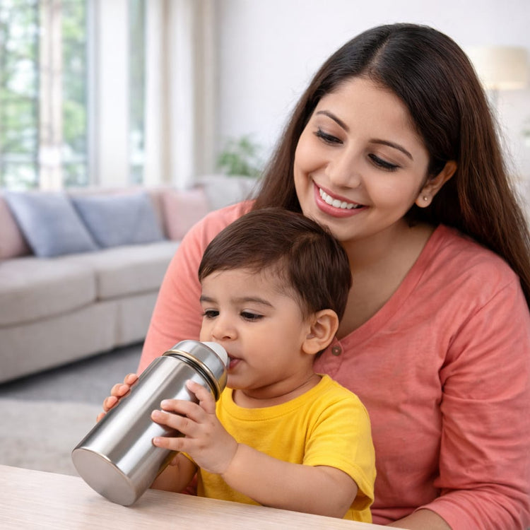 DHOOTHA™ 250 ml Stainless Steel Baby Feeding Bottle | BPA Free Food Grade Metal Body with Silicone Nipple | Leakproof Spill Resistant Design | Safe & Durable Milk Bottle for Infants