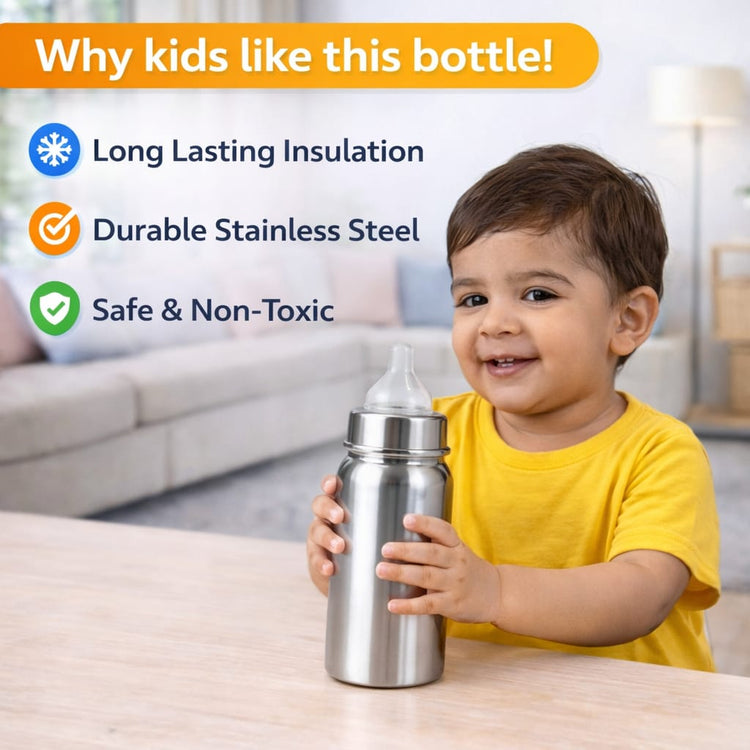 DHOOTHA™ 250 ml Stainless Steel Baby Feeding Bottle | BPA Free Food Grade Metal Body with Silicone Nipple | Leakproof Spill Resistant Design | Safe & Durable Milk Bottle for Infants