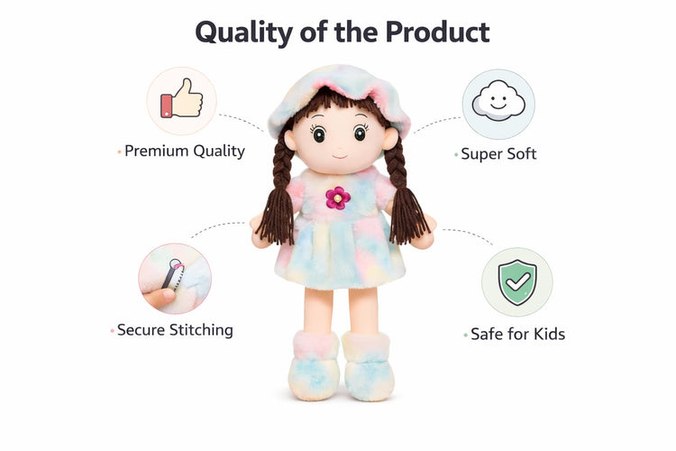DHOOTHA™ Baby Girl Soft Toy Doll for Kids | Cute Plush Stuffed Doll with Dress | Ultra Soft Huggable Gift for Girls | Birthday & Baby Shower Present