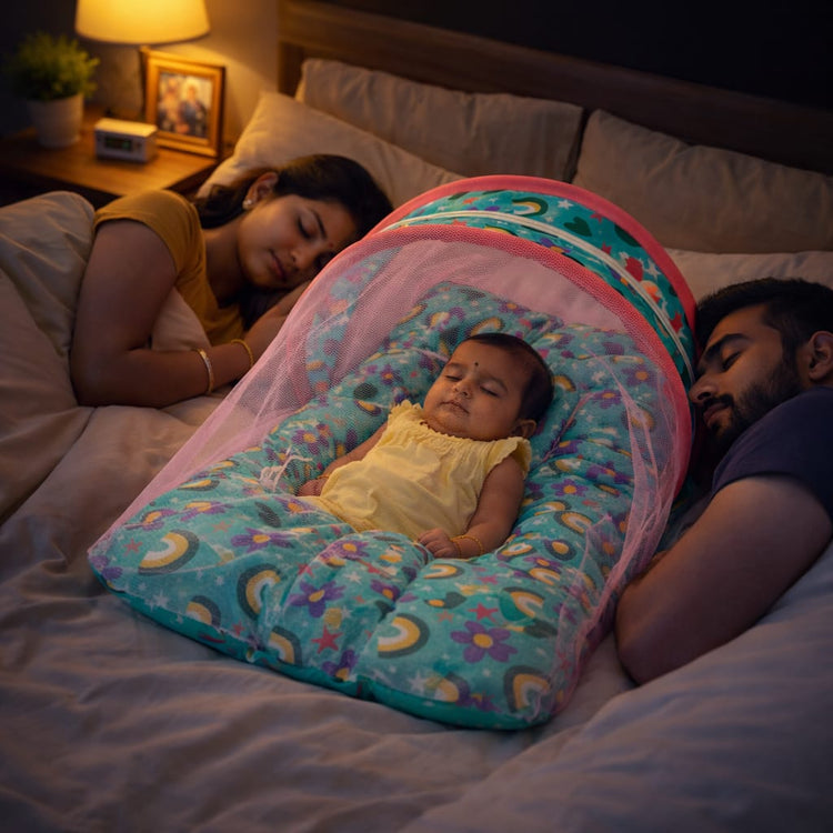 DHOOTHA™ Baby Mosquito Bed Set with Net | Foldable Infant Sleeping Bed with Protective Mesh Cover | Breathable Cushion Mattress, Portable & Travel Friendly | Newborn Safety Bedding for 0–12 Months