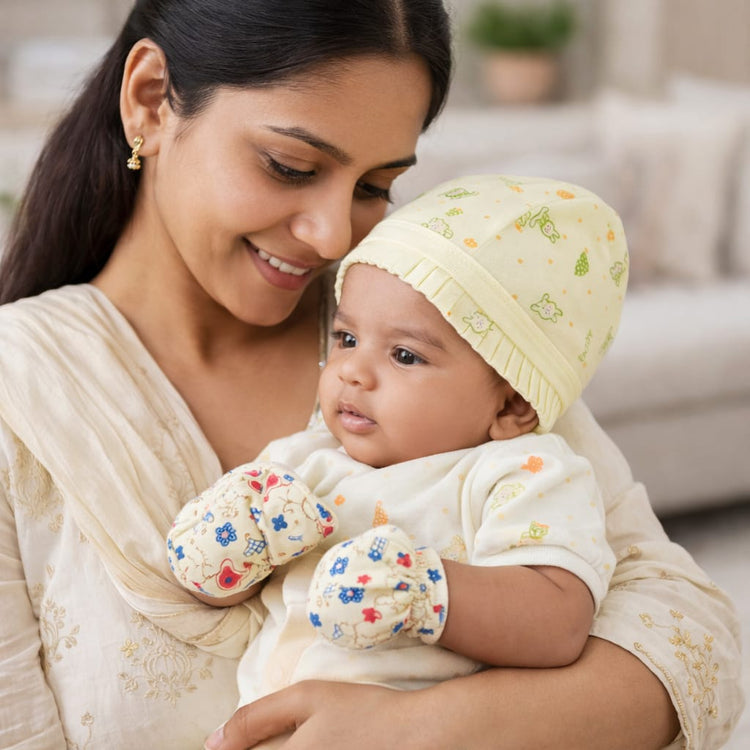 Dhootha™ Newborn Baby Cap and Mitten Set (0–3 Months) | Ultra Soft Cotton Infant Beanie Hat & No-Scratch Mittens | Breathable, Skin-Friendly, Anti-Slip Fit | Baby Boy & Girl Essentials Gift Set