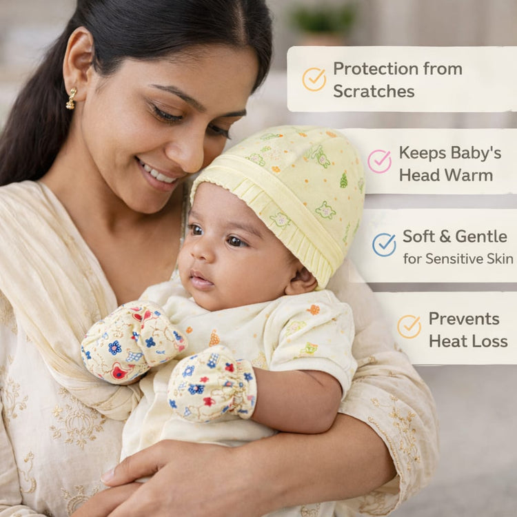 Dhootha™ Newborn Baby Cap and Mitten Set (0–3 Months) | Ultra Soft Cotton Infant Beanie Hat & No-Scratch Mittens | Breathable, Skin-Friendly, Anti-Slip Fit | Baby Boy & Girl Essentials Gift Set