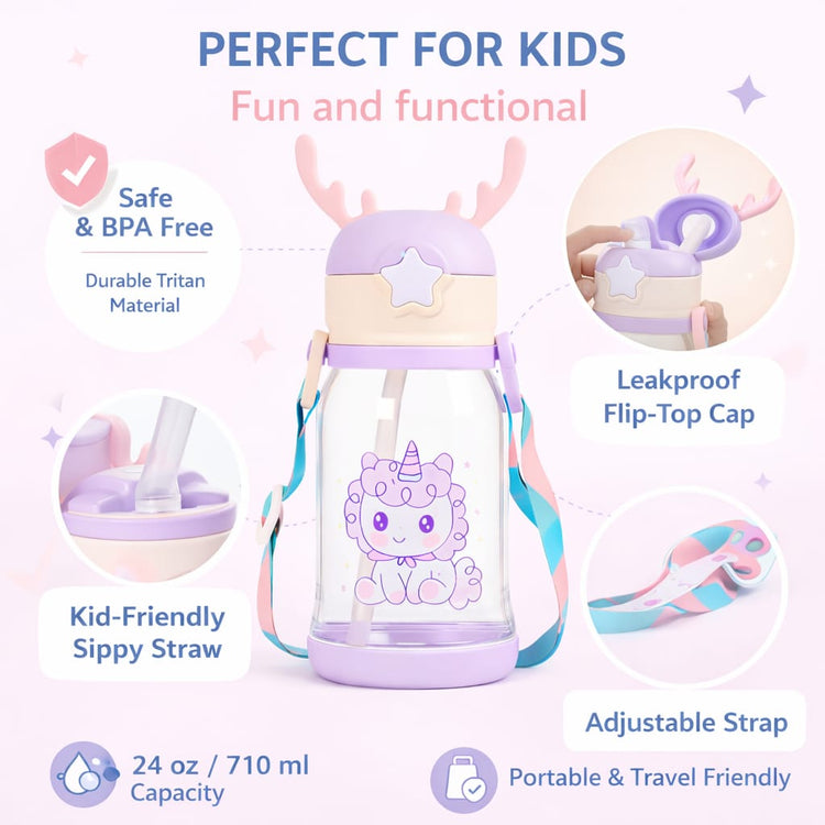 Kids Unicorn Water Bottle with Straw & Strap – Cute Leakproof Sipper Bottle for Girls, BPA Free Portable Drinking Bottle for School, Travel & Outdoor Use