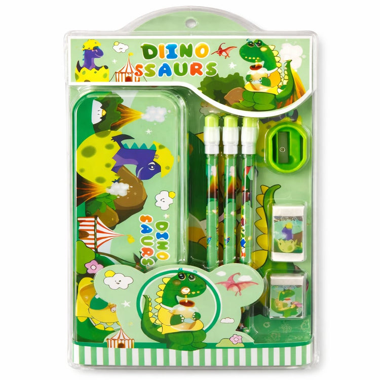 Cute Cartoon Theme Stationery Set for Kids with Metal Pencil Box | School Supplies Kit with Printed Pencils, Erasers & Sharpener | Birthday Return Gift for Boys & Girls Age 4–12