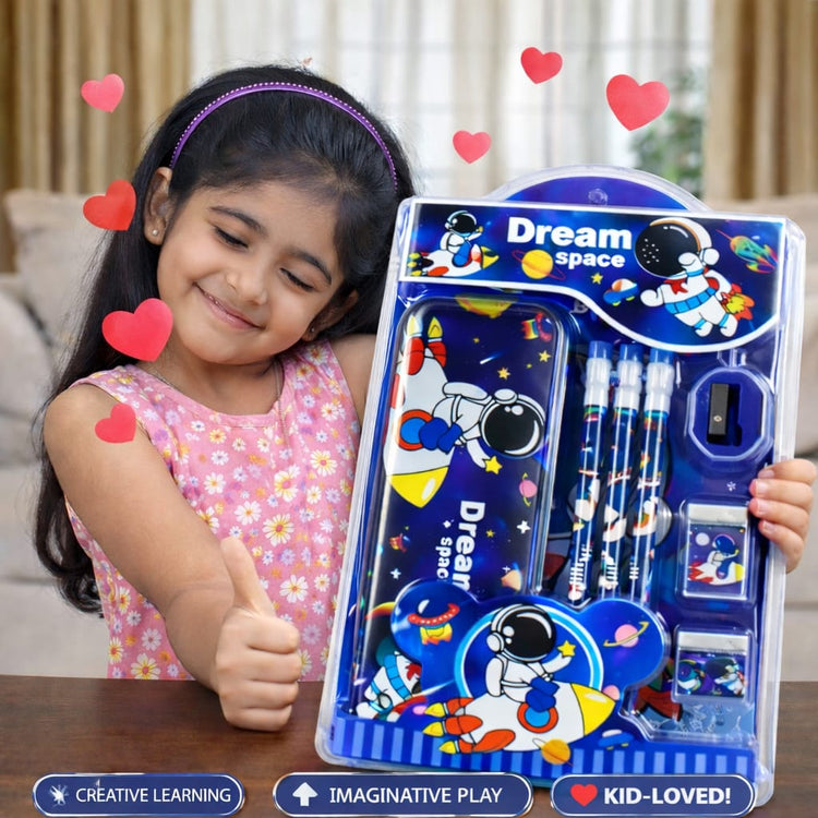 Cute Cartoon Theme Stationery Set for Kids with Metal Pencil Box | School Supplies Kit with Printed Pencils, Erasers & Sharpener | Birthday Return Gift for Boys & Girls Age 4–12