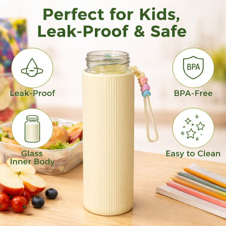Glass Water Bottle with Lid – Leakproof Reusable Drinking Bottle, Stylish Ribbed Design, BPA-Free Eco-Friendly Glass Bottle for Water, Juice & Beverages, Travel Office Gym (Yellow)