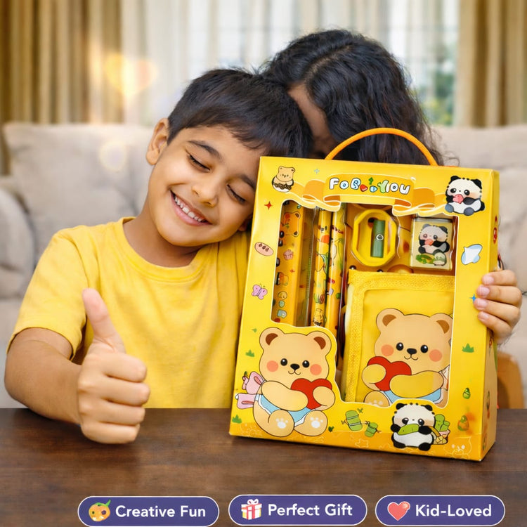 Cute Teddy Bear Kids Stationery Gift Set – Yellow Cartoon School Supplies Kit with Notebook, Pencil, Eraser & Sharpener – Kawaii Writing Set for Boys & Girls, Return Gift Pack