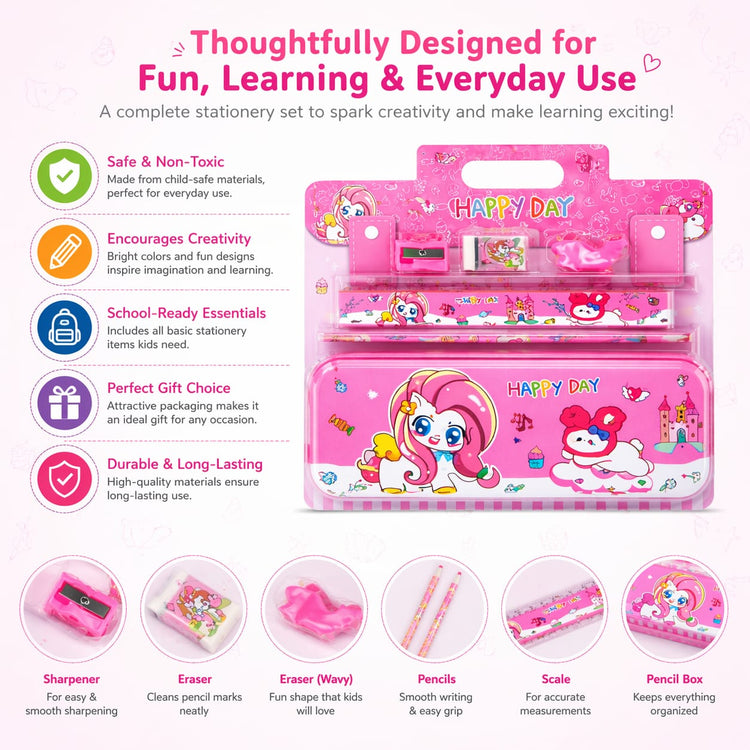 Kids Unicorn Stationery Set – Cute Pink Pencil Case with Pencil, Eraser & Sharpener – Cartoon School Supplies Kit for Girls, Back to School Gift Set