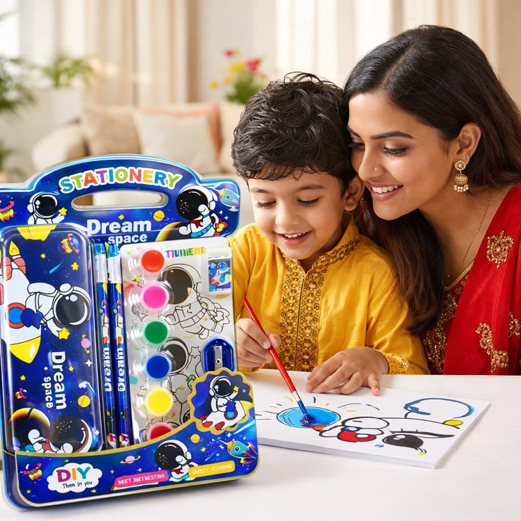 Kids Space Stationery & Painting Set – Astronaut Pencil Case with Watercolor Paints, Brush, Pencils, Eraser & Sharpener – DIY Art & School Supplies Kit for Boys & Girls