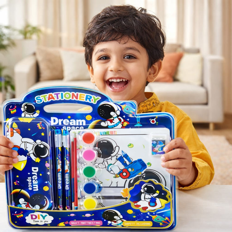 Kids Space Stationery & Painting Set – Astronaut Pencil Case with Watercolor Paints, Brush, Pencils, Eraser & Sharpener – DIY Art & School Supplies Kit for Boys & Girls