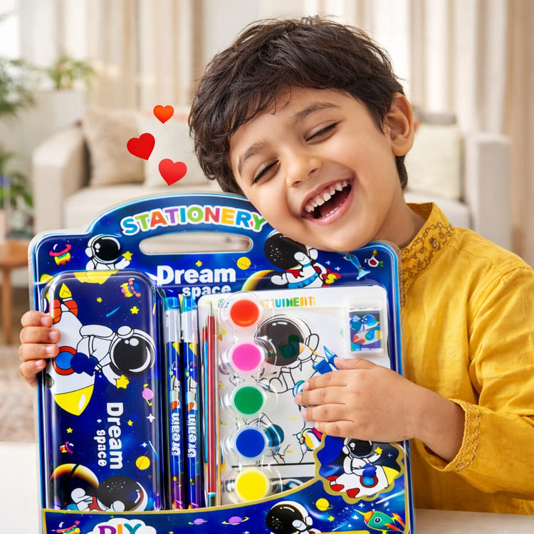 Kids Space Stationery & Painting Set – Astronaut Pencil Case with Watercolor Paints, Brush, Pencils, Eraser & Sharpener – DIY Art & School Supplies Kit for Boys & Girls