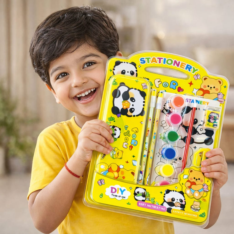 Kids Panda Stationery & Painting Set – Cute Pencil Case with Watercolor Paints, Brush, Pencils, Eraser & Sharpener – DIY Art & School Supplies Kit for Boys & Girls