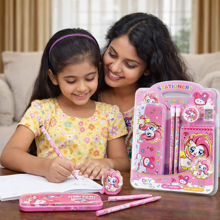 Cute Unicorn Kids Stationery Set | Pink School Supplies Kit with Pencil, Eraser, Sharpener & Notebook | Gift Set for Girls