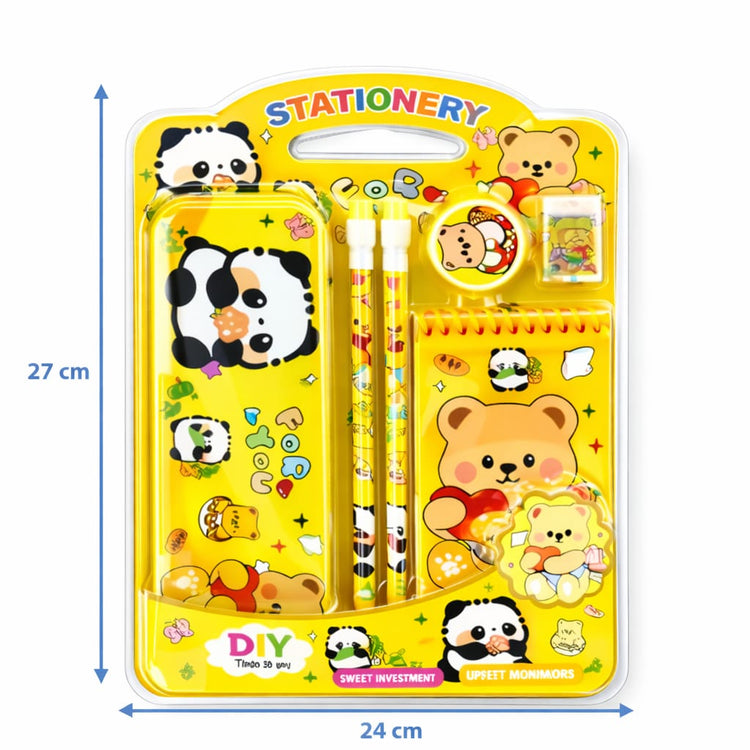 Panda Theme Stationery Set for Kids | Metal Pencil Box with Printed Pencils, Eraser, Sharpener & Spiral Notepad | Cute School Supplies Gift Kit for Boys & Girls