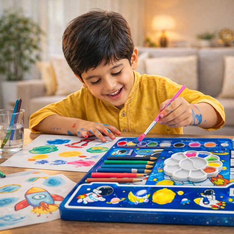 Kids Space Art & Craft Kit – Deluxe Painting Set with Watercolors, Acrylic Paint Tubes, Color Pencils, Brush & Palette – Astronaut Drawing Kit for Boys & Girls, Creative Gift Set
