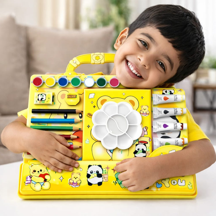 Kids Teddy Bear Art & Craft Kit – Deluxe Painting Set with Watercolors, Acrylic Paint Tubes, Color Pencils, Brush & Palette – Cute Cartoon Drawing Kit for Boys & Girls