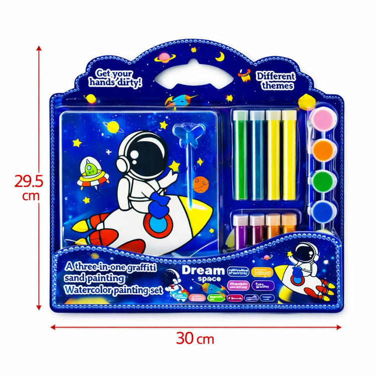 Kids Space Painting Art Set – 3 in 1 Watercolor, Sand Art & DIY Craft Kit with Paint Tubes, Brush & Tools – Astronaut Drawing Kit for Boys & Girls, Creative Gift Set