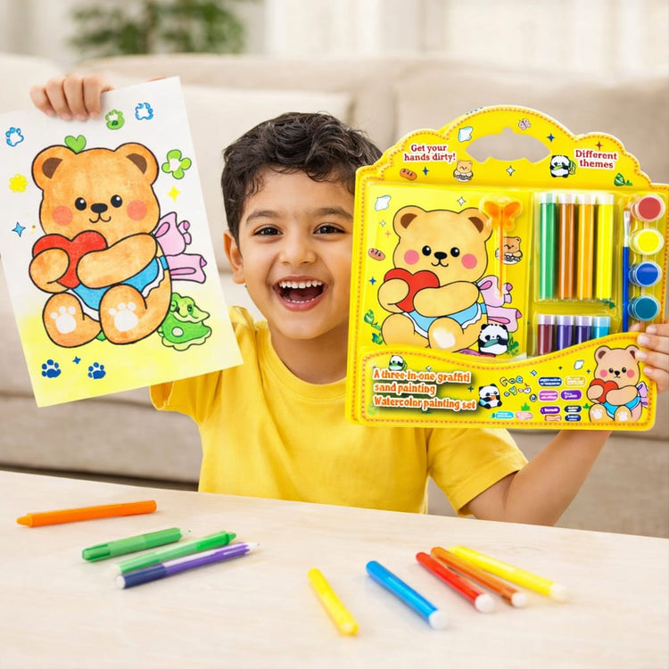 Kids Painting Art Set β 3 in 1 Watercolor, Sand Art & DIY Craft Kit with Paint Tubes, Brush & Tools β Cute Teddy Bear Drawing Kit for Boys & Girls, Creative Gift Set