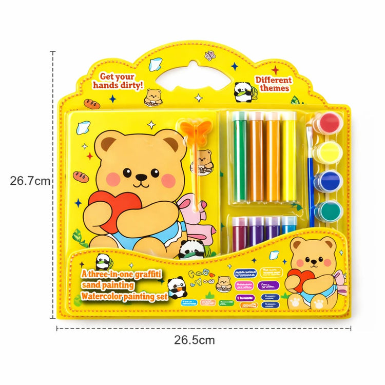 Kids Painting Art Set β 3 in 1 Watercolor, Sand Art & DIY Craft Kit with Paint Tubes, Brush & Tools β Cute Teddy Bear Drawing Kit for Boys & Girls, Creative Gift Set