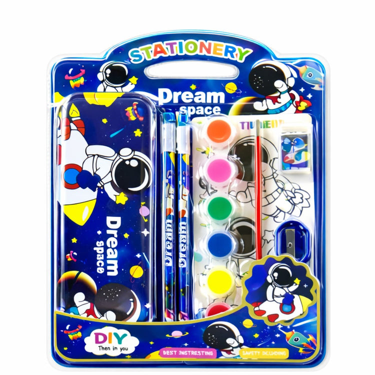 Kids Space Stationery & Painting Set – Astronaut Pencil Case with Watercolor Paints, Brush, Pencils, Eraser & Sharpener – DIY Art & School Supplies Kit for Boys & Girls