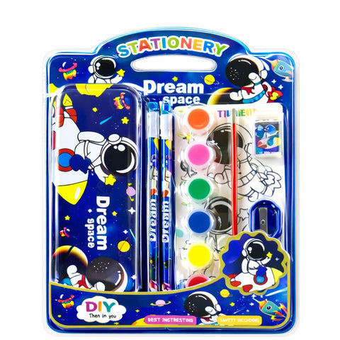 Kids Space Stationery & Painting Set – Astronaut Pencil Case with Watercolor Paints, Brush, Pencils, Eraser & Sharpener – DIY Art & School Supplies Kit for Boys & Girls