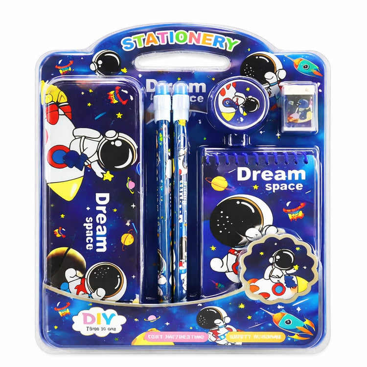 Kids Space Theme Stationery Set | Astronaut School Supplies Kit with Pencil, Eraser, Sharpener & Notebook | Gift Set for Boys & Girls