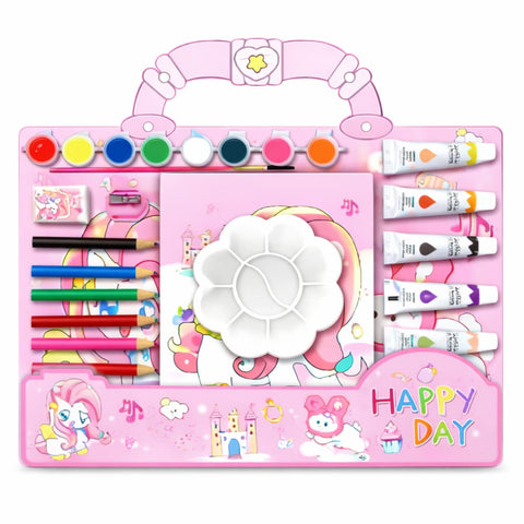 Kids Unicorn Art & Craft Kit – Deluxe Painting Set with Watercolors, Acrylic Paint Tubes, Color Pencils, Brush & Palette – Cute Cartoon Drawing Kit for Girls, Creative Gift Set