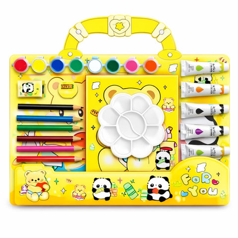 Kids Teddy Bear Art & Craft Kit – Deluxe Painting Set with Watercolors, Acrylic Paint Tubes, Color Pencils, Brush & Palette – Cute Cartoon Drawing Kit for Boys & Girls