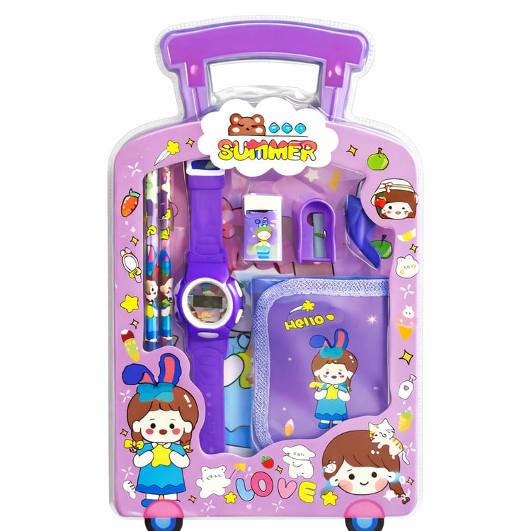 Cute Kids Gift Set with Digital Watch – Purple Cartoon Summer Theme Stationery Kit with Notebook, Pencil, Eraser & Sharpener – Kawaii School Supplies Set for Boys & Girls, Return Gift Pack