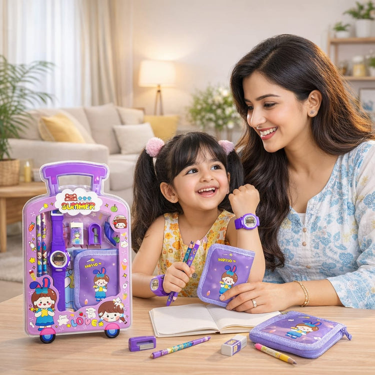 Cute Kids Gift Set with Digital Watch – Purple Cartoon Summer Theme Stationery Kit with Notebook, Pencil, Eraser & Sharpener – Kawaii School Supplies Set for Boys & Girls, Return Gift Pack