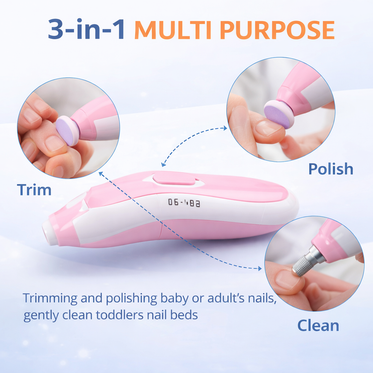 Dhootha™ Electric Baby Nail Trimmer for Newborn (0–12 Months) with LED Light & 6 Interchangeable Filing Heads | Safe & Gentle Infant Nail Care Grooming Kit with Adjustable Speed – Pink