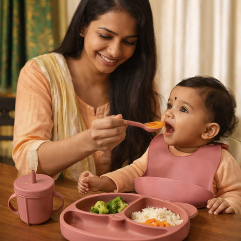 Dhootha™ 6-in-1 Silicone Baby Feeding Set with Suction Plate, Bowl, Cup, Bib, Spoon & Fork | BPA-Free Self Feeding Essentials for Babies 6–12 Months | Dark Pink