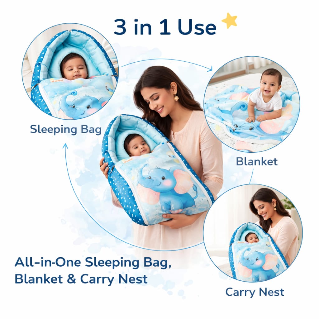 Dhootha™ 3-in-1 Baby Sleeping Bag & Carry Nest for Newborn (0–12 Months) | Portable Cotton Infant Bed Cum Bassinet for Co-Sleeping & Travel | Soft, Foldable, Washable Unisex Bedding Set