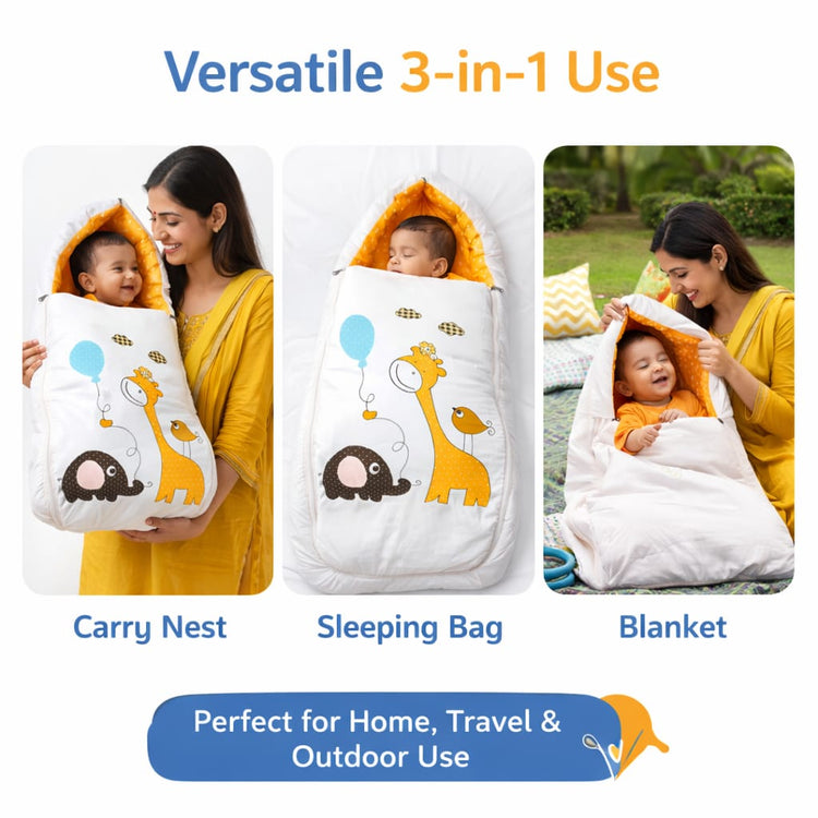 Dhootha™ 3-in-1 Baby Sleeping Bag & Carry Nest for Newborn (0–12 Months) | Portable Cotton Infant Bed Cum Bassinet for Co-Sleeping & Travel | Soft, Foldable, Washable Unisex Bedding Set