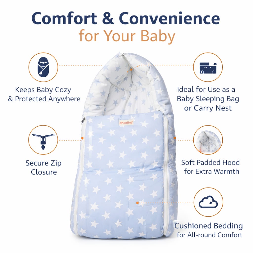 Dhootha™ 3-in-1 Baby Sleeping Bag & Carry Nest for Newborn (0–12 Months) | Portable Cotton Infant Bed Cum Bassinet for Co-Sleeping & Travel | Soft, Foldable, Washable Unisex Bedding Set