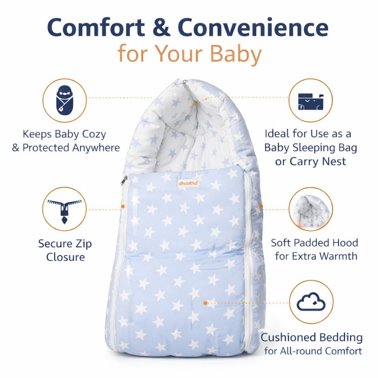 Dhootha™ 3-in-1 Baby Sleeping Bag & Carry Nest for Newborn (0–12 Months) | Portable Cotton Infant Bed Cum Bassinet for Co-Sleeping & Travel | Soft, Foldable, Washable Unisex Bedding Set
