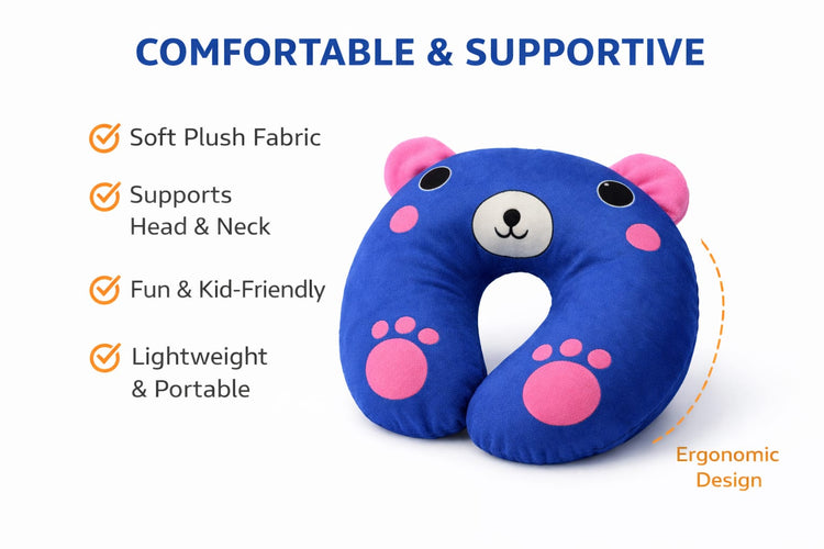 Baby C Shaped Neck Pillow for Kids | Soft Travel U Shape Head Support Cushion | Cute Bear Design Toddler Car Seat & Flight Pillow | Washable Velvet Fabric | 0–5 Years (Blue & Pink)
