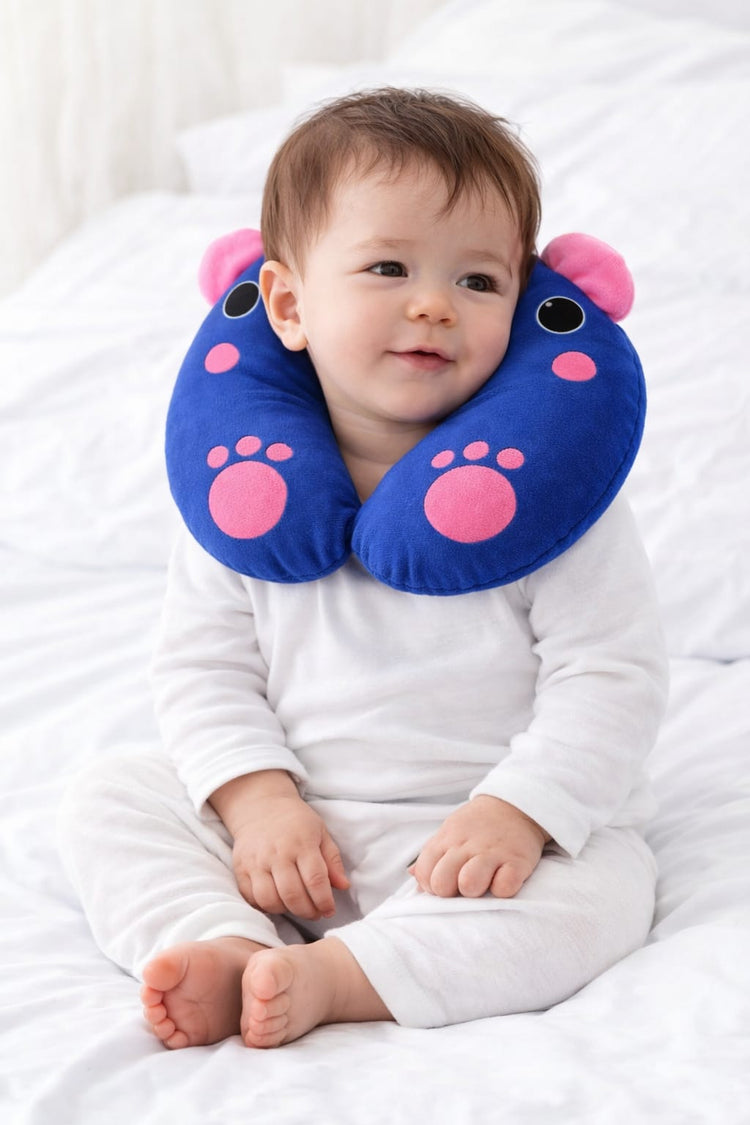 Baby C Shaped Neck Pillow for Kids | Soft Travel U Shape Head Support Cushion | Cute Bear Design Toddler Car Seat & Flight Pillow | Washable Velvet Fabric | 0–5 Years (Blue & Pink)