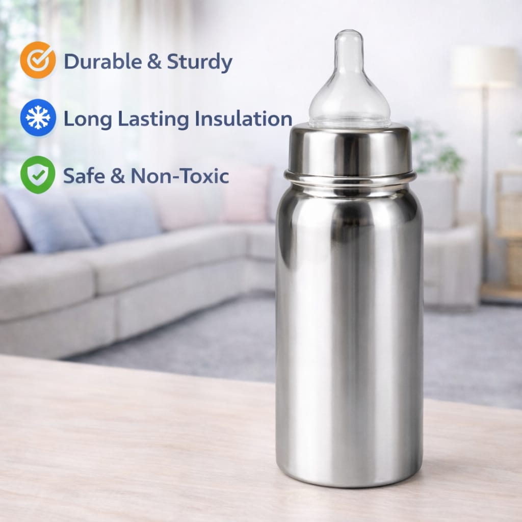 DHOOTHA™ 250 ml Stainless Steel Baby Feeding Bottle | BPA Free Food Grade Metal Body with Silicone Nipple | Leakproof Spill Resistant Design | Safe & Durable Milk Bottle for Infants