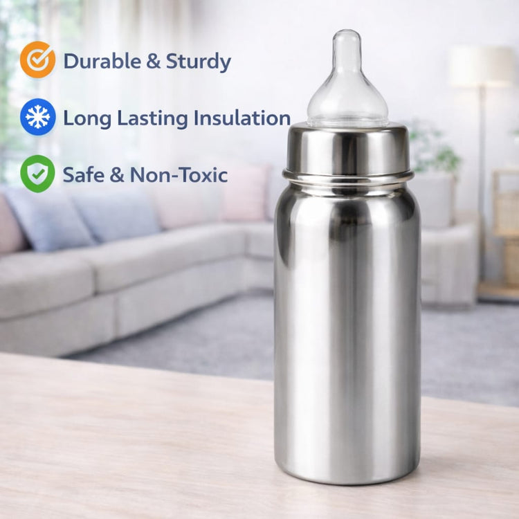 DHOOTHA™ 250 ml Stainless Steel Baby Feeding Bottle | BPA Free Food Grade Metal Body with Silicone Nipple | Leakproof Spill Resistant Design | Safe & Durable Milk Bottle for Infants