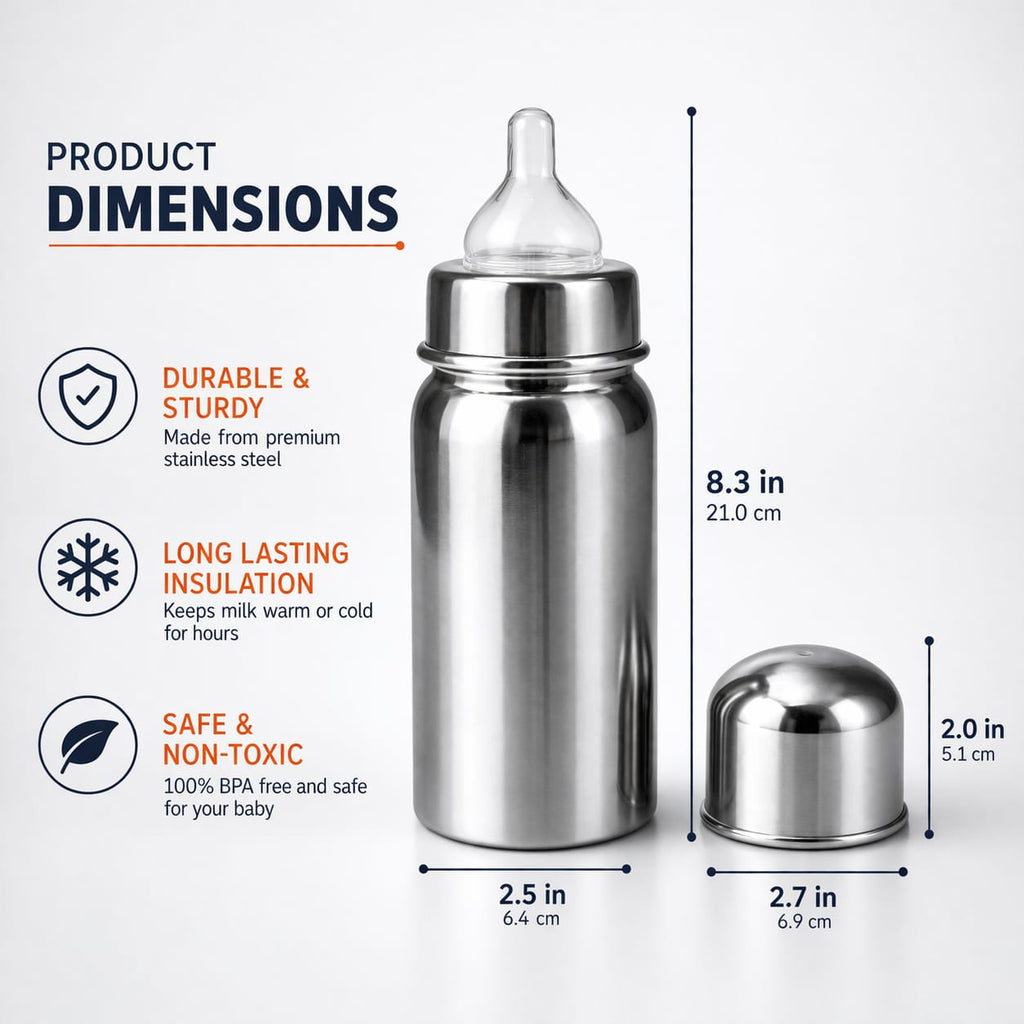 DHOOTHA™ 250 ml Stainless Steel Baby Feeding Bottle | BPA Free Food Grade Metal Body with Silicone Nipple | Leakproof Spill Resistant Design | Safe & Durable Milk Bottle for Infants