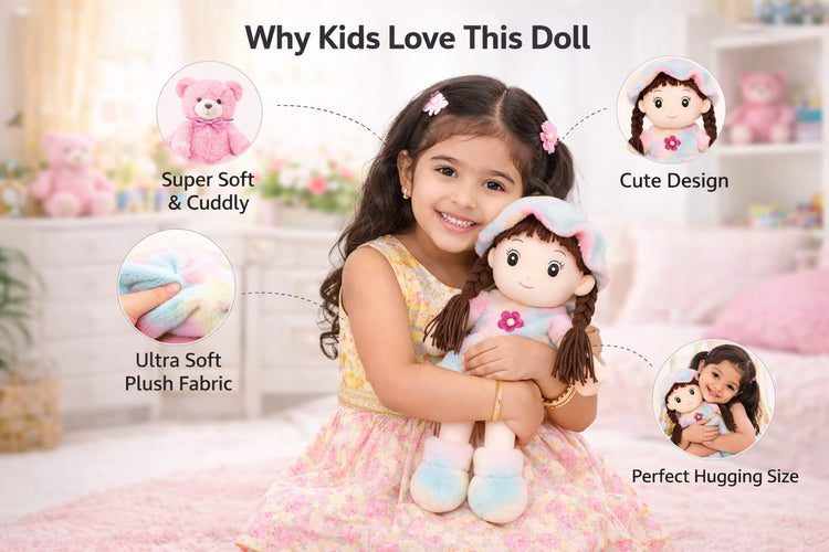 DHOOTHA™ Baby Girl Soft Toy Doll for Kids | Cute Plush Stuffed Doll with Dress | Ultra Soft Huggable Gift for Girls | Birthday & Baby Shower Present