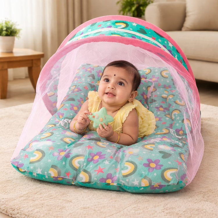 DHOOTHA™ Baby Mosquito Bed Set with Net | Foldable Infant Sleeping Bed with Protective Mesh Cover | Breathable Cushion Mattress, Portable & Travel Friendly | Newborn Safety  Bedding for 0–12 Months