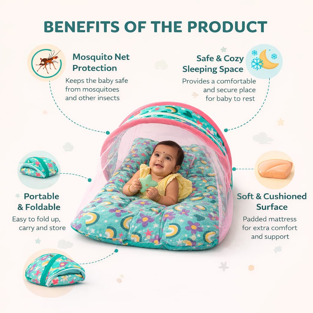 DHOOTHA™ Baby Mosquito Bed Set with Net | Foldable Infant Sleeping Bed with Protective Mesh Cover | Breathable Cushion Mattress, Portable & Travel Friendly | Newborn Safety  Bedding for 0–12 Months