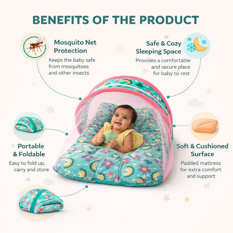 DHOOTHA™ Baby Mosquito Bed Set with Net | Foldable Infant Sleeping Bed with Protective Mesh Cover | Breathable Cushion Mattress, Portable & Travel Friendly | Newborn Safety  Bedding for 0–12 Months