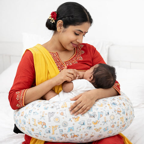 Adjustable C-Shaped Nursing Pillow with Strap – Baby Feeding Support Cushion for Breastfeeding & Bottle Feeding, Soft Cotton Maternity Pillow for Newborns & Infants (Cute Print)