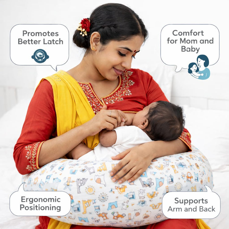 Adjustable C-Shaped Nursing Pillow with Strap – Baby Feeding Support Cushion for Breastfeeding & Bottle Feeding, Soft Cotton Maternity Pillow for Newborns & Infants (Cute Print)